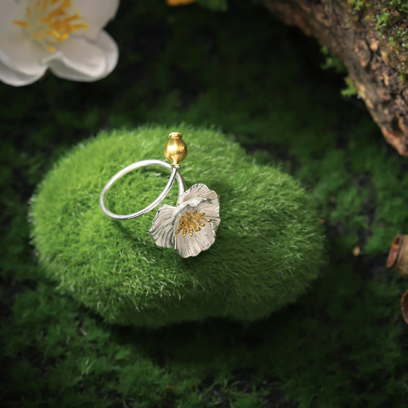 Poppies Flower Silver Ring