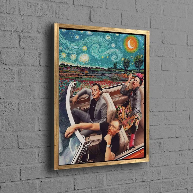 Dali, Gogh And Frida In Car Starry Night Wall Art Print