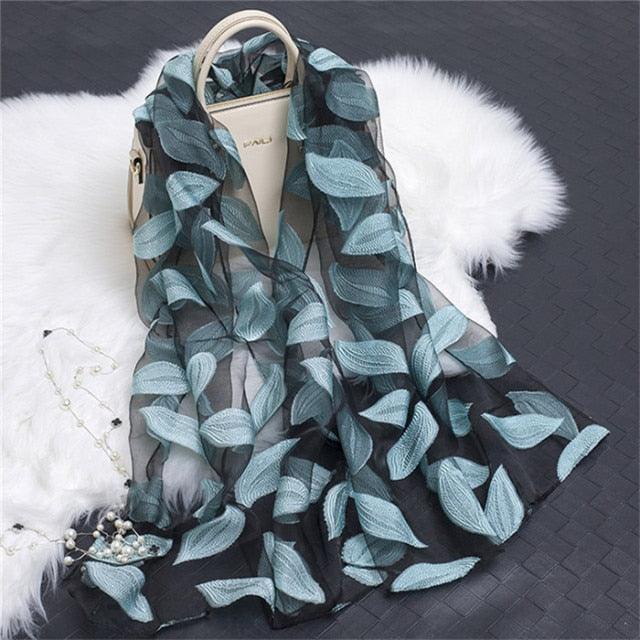 Sheer Wrap Leaves Embroidered Silk Scarves - PAP Art Store