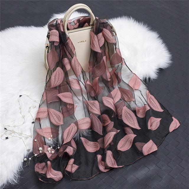 Sheer Wrap Leaves Embroidered Silk Scarves - PAP Art Store