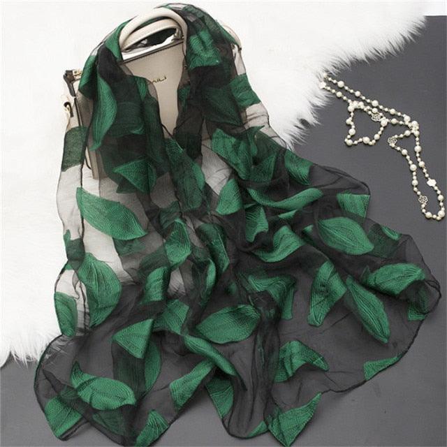 Sheer Wrap Leaves Embroidered Silk Scarves - PAP Art Store