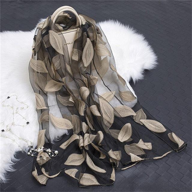 Sheer Wrap Leaves Embroidered Silk Scarves - PAP Art Store