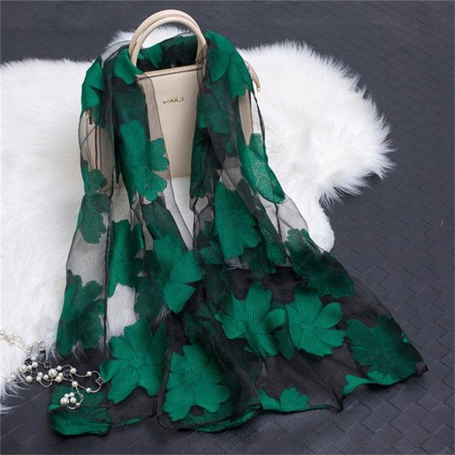 Sheer Wrap Leaves Embroidered Silk Scarves - PAP Art Store