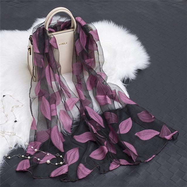 Sheer Wrap Leaves Embroidered Silk Scarves - PAP Art Store