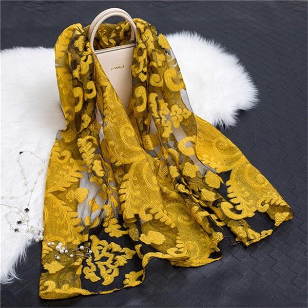 Sheer Wrap Leaves Embroidered Silk Scarves - PAP Art Store