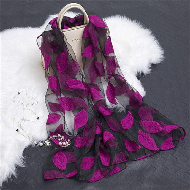 Sheer Wrap Leaves Embroidered Silk Scarves - PAP Art Store