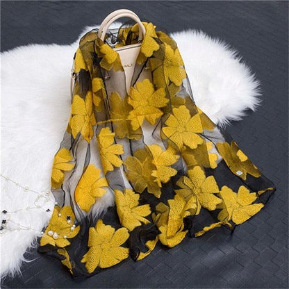 Sheer Wrap Leaves Embroidered Silk Scarves - PAP Art Store