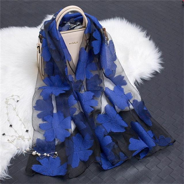 Sheer Wrap Leaves Embroidered Silk Scarves - PAP Art Store