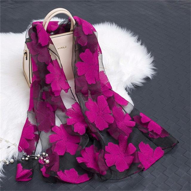 Sheer Wrap Leaves Embroidered Silk Scarves - PAP Art Store