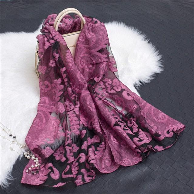 Sheer Wrap Leaves Embroidered Silk Scarves - PAP Art Store