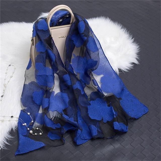 Sheer Wrap Leaves Embroidered Silk Scarves - PAP Art Store