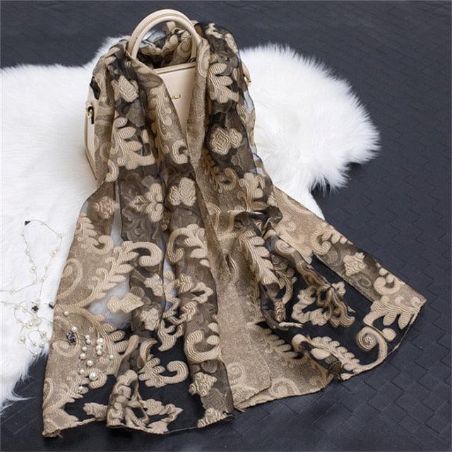 Sheer Wrap Leaves Embroidered Silk Scarves - PAP Art Store