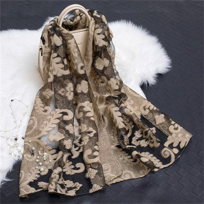 Sheer Wrap Leaves Embroidered Silk Scarves - PAP Art Store