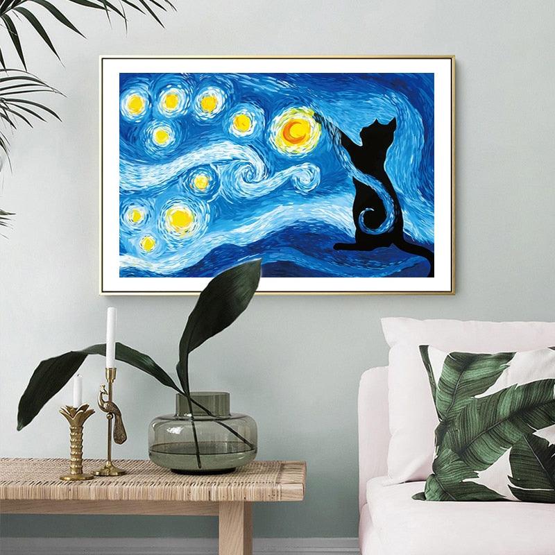 Starry Night Parody with a Black Cat Print - PAP Art Store