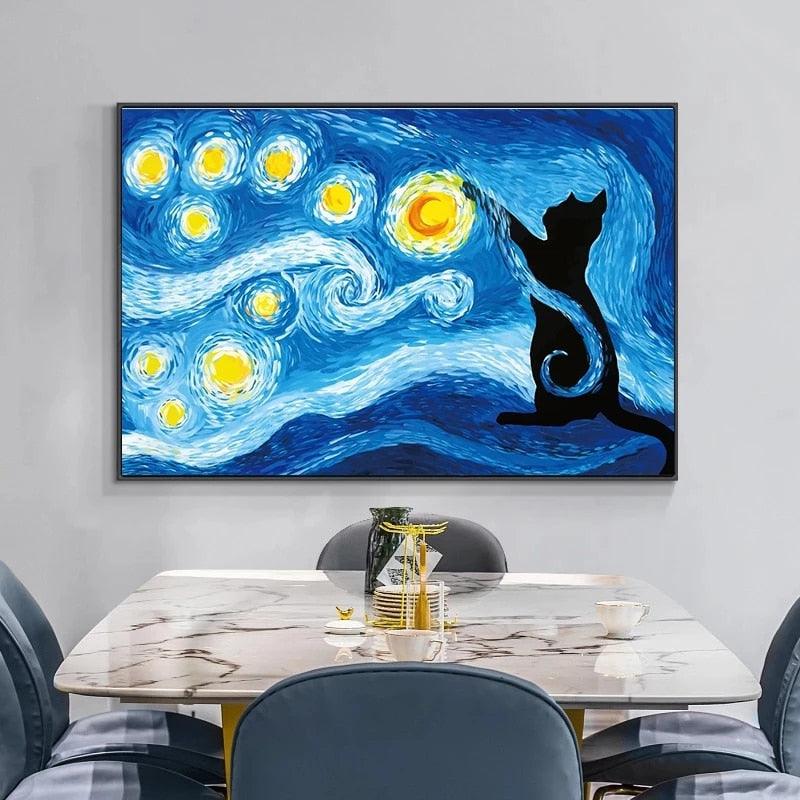 Starry Night Parody with a Black Cat Print - PAP Art Store